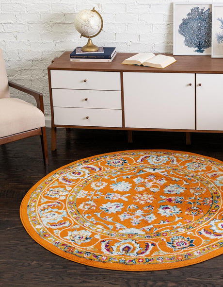 Orange 5' x 5' Aurelia Round Area Rug 100% Polypropylene & Jute Backing Living Dining Room Bedroom Office Traditional Carpet for Sale at Rug Engine