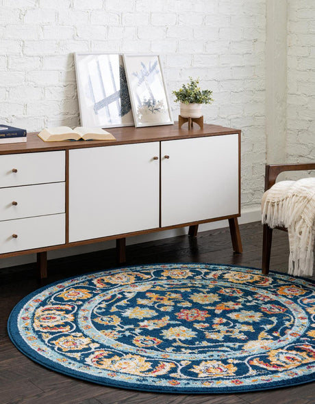 Navy Blue 5' x 5' Aurelia Round Area Rug 100% Polypropylene & Jute Backing Living Dining Room Bedroom Office Traditional Carpet for Sale at Rug Engine