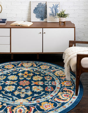 Navy Blue 7' x 7' Aurelia Round Area Rug 100% Polypropylene & Jute Backing Living Dining Room Bedroom Office Traditional Carpet for Sale at Rug Engine