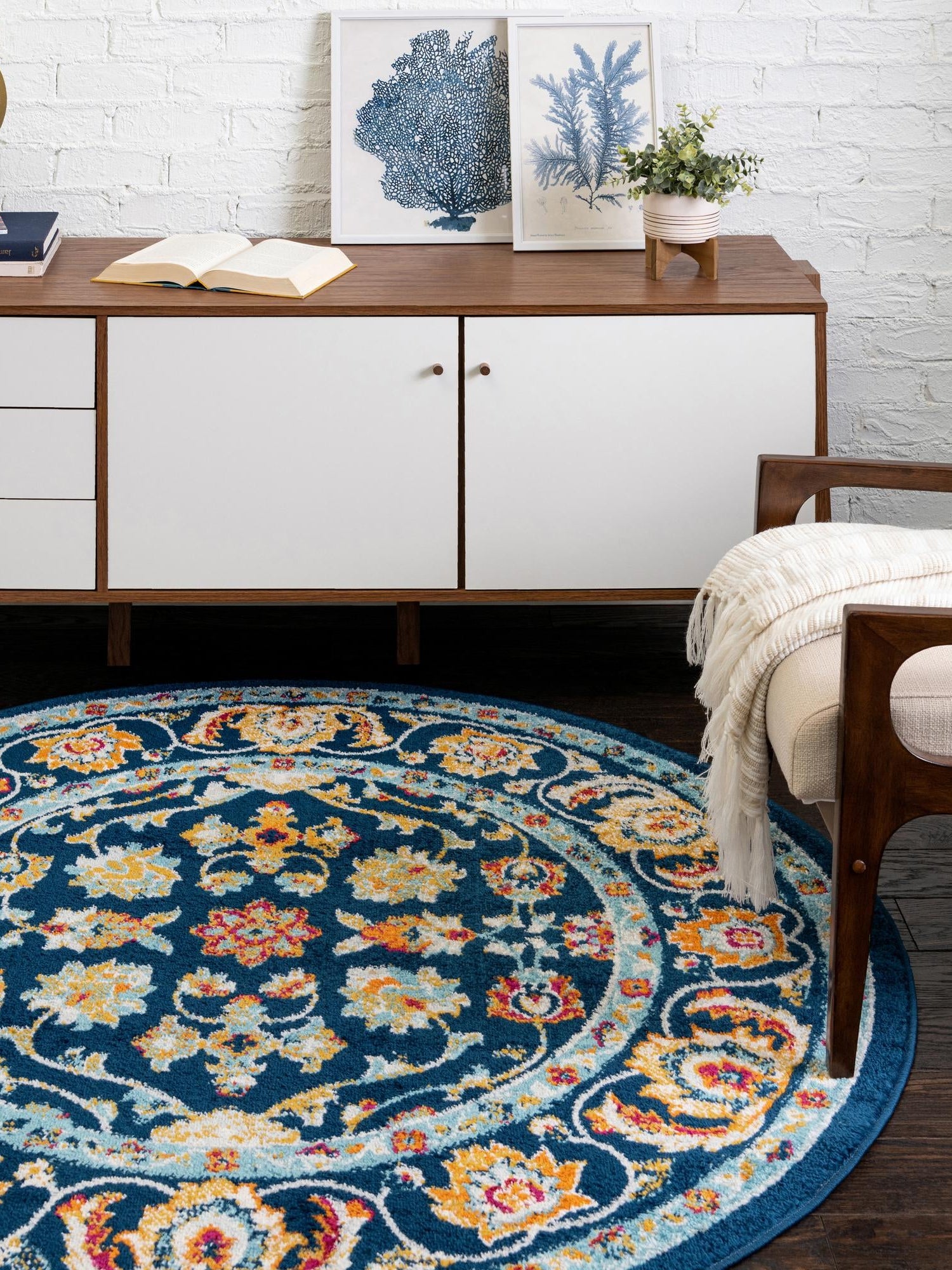 Navy Blue 5' x 5' Aurelia Round Area Rug 100% Polypropylene & Jute Backing Living Dining Room Bedroom Office Traditional Carpet for Sale at Rug Engine