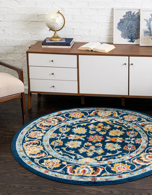 Navy Blue 7' x 7' Aurelia Round Area Rug 100% Polypropylene & Jute Backing Living Dining Room Bedroom Office Traditional Carpet for Sale at Rug Engine