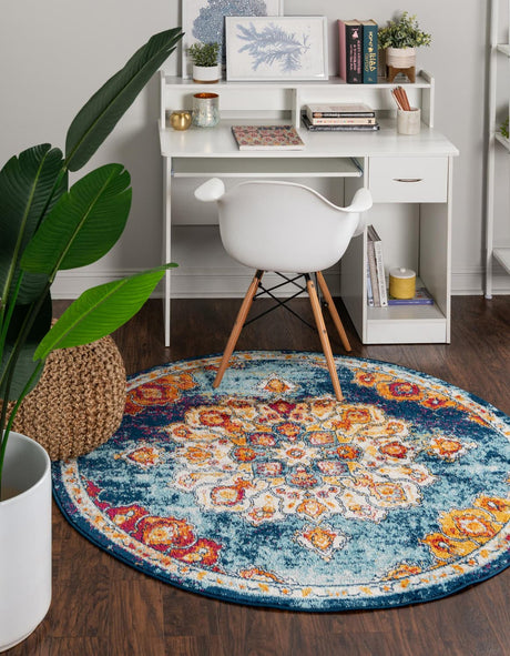 Multicolor 7' 10 x 7' 10 Parker Round Area Rug Traditional Motif Classic Design Stain Resistant Carpet for Living, Dining, Bedrooms, Kitchen, Office for Sale at Rug Engine