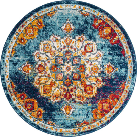 Multicolor 5' x 5' Parker Round Area Rug Traditional Motif Classic Design Stain Resistant Carpet for Living, Dining, Bedrooms, Kitchen, Office for Sale at Rug Engine