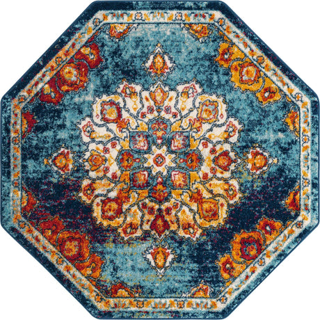 Multicolor 5' x 5' Parker Octagon Area Rug Traditional Motif Classic Design Stain Resistant Carpet for Living, Dining, Bedrooms, Kitchen, Office for Sale at Rug Engine