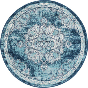 Navy Blue 3' 3 x 3' 3 Parker Round Area Rug Traditional Motif Classic Design Stain Resistant Carpet for Living, Dining, Bedrooms, Kitchen, Office for Sale at Rug Engine