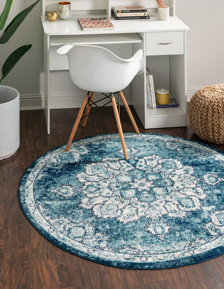Navy Blue 3' 3 x 3' 3 Parker Round Area Rug Traditional Motif Classic Design Stain Resistant Carpet for Living, Dining, Bedrooms, Kitchen, Office for Sale at Rug Engine