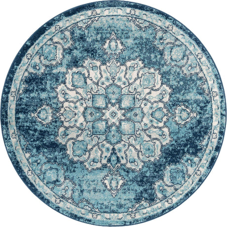 Navy Blue 5' x 5' Parker Round Area Rug Traditional Motif Classic Design Stain Resistant Carpet for Living, Dining, Bedrooms, Kitchen, Office for Sale at Rug Engine