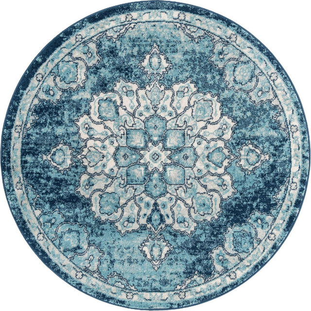 Navy Blue 5' x 5' Parker Round Area Rug Traditional Motif Classic Design Stain Resistant Carpet for Living, Dining, Bedrooms, Kitchen, Office for Sale at Rug Engine