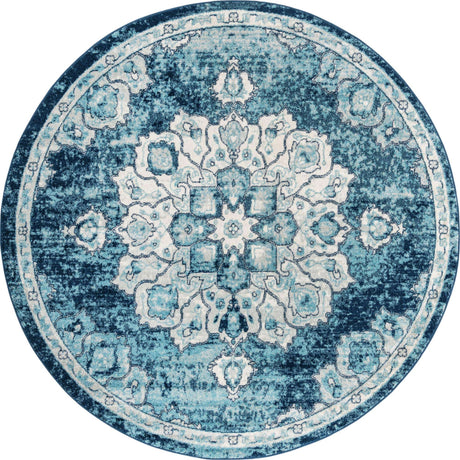 Navy Blue 7' 10 x 7' 10 Parker Round Area Rug Traditional Motif Classic Design Stain Resistant Carpet for Living, Dining, Bedrooms, Kitchen, Office for Sale at Rug Engine