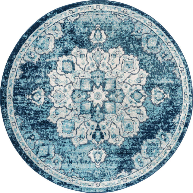 Navy Blue 7' 10 x 7' 10 Parker Round Area Rug Traditional Motif Classic Design Stain Resistant Carpet for Living, Dining, Bedrooms, Kitchen, Office for Sale at Rug Engine