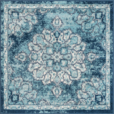 Navy Blue 4' x 4' Parker Square Area Rug Traditional Motif Classic Design Stain Resistant Carpet for Living, Dining, Bedrooms, Kitchen, Office for Sale at Rug Engine