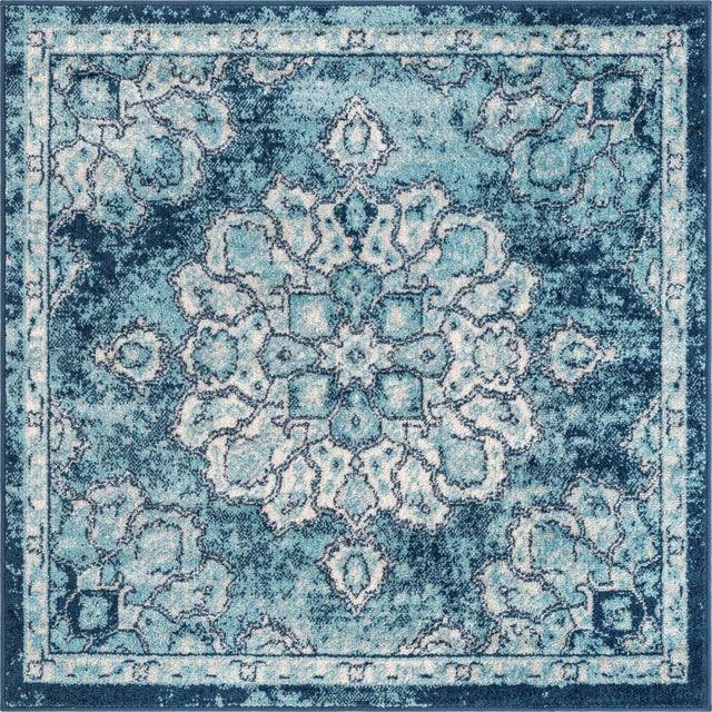 Navy Blue 4' x 4' Parker Square Area Rug Traditional Motif Classic Design Stain Resistant Carpet for Living, Dining, Bedrooms, Kitchen, Office for Sale at Rug Engine