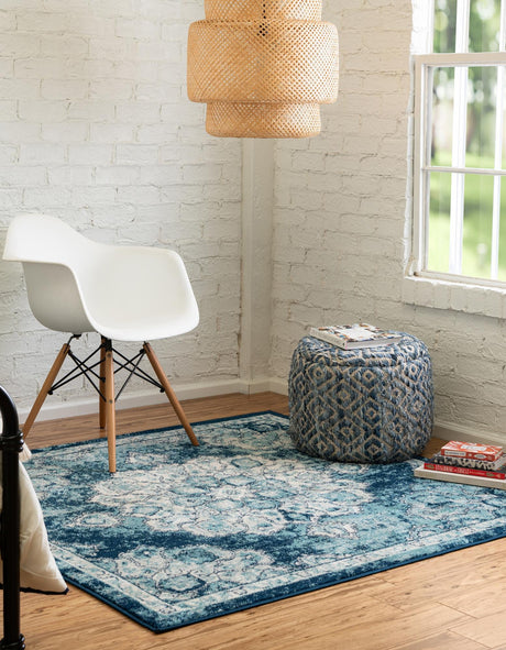 Navy Blue 4' x 4' Parker Square Area Rug Traditional Motif Classic Design Stain Resistant Carpet for Living, Dining, Bedrooms, Kitchen, Office for Sale at Rug Engine