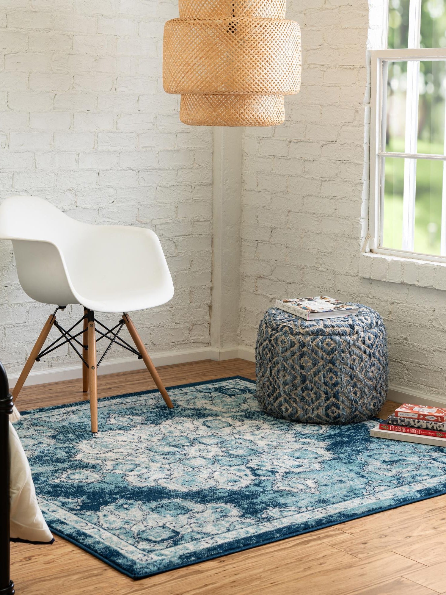 Navy Blue 5' x 5' Parker Square Area Rug Traditional Motif Classic Design Stain Resistant Carpet for Living, Dining, Bedrooms, Kitchen, Office for Sale at Rug Engine