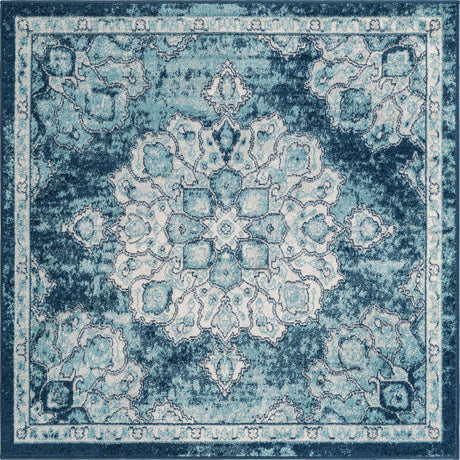 Navy Blue 5' x 5' Parker Square Area Rug Traditional Motif Classic Design Stain Resistant Carpet for Living, Dining, Bedrooms, Kitchen, Office for Sale at Rug Engine