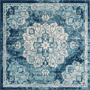 Navy Blue 7' 10 x 7' 10 Parker Square Area Rug Traditional Motif Classic Design Stain Resistant Carpet for Living, Dining, Bedrooms, Kitchen, Office for Sale at Rug Engine