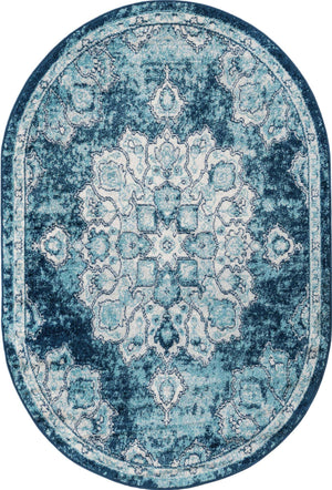 Navy Blue 4' x 6' Parker Oval Area Rug Traditional Motif Classic Design Stain Resistant Carpet for Living, Dining, Bedrooms, Kitchen, Office for Sale at Rug Engine