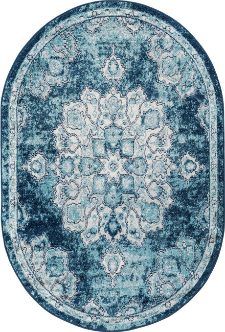 Navy Blue 4' x 6' Parker Oval Area Rug Traditional Motif Classic Design Stain Resistant Carpet for Living, Dining, Bedrooms, Kitchen, Office for Sale at Rug Engine