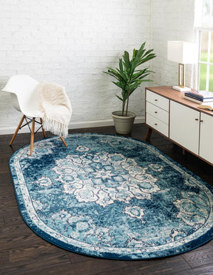 Navy Blue 5' x 8' Parker Oval Area Rug Traditional Motif Classic Design Stain Resistant Carpet for Living, Dining, Bedrooms, Kitchen, Office for Sale at Rug Engine