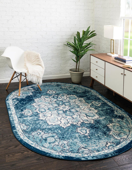 Navy Blue 5' x 8' Parker Oval Area Rug Traditional Motif Classic Design Stain Resistant Carpet for Living, Dining, Bedrooms, Kitchen, Office for Sale at Rug Engine