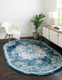 Navy Blue 7' 10 x 10' Parker Oval Area Rug Traditional Motif Classic Design Stain Resistant Carpet for Living, Dining, Bedrooms, Kitchen, Office for Sale at Rug Engine