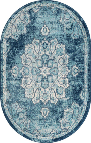 Navy Blue 5' x 8' Parker Oval Area Rug Traditional Motif Classic Design Stain Resistant Carpet for Living, Dining, Bedrooms, Kitchen, Office for Sale at Rug Engine