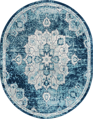 Navy Blue 7' 10 x 10' Parker Oval Area Rug Traditional Motif Classic Design Stain Resistant Carpet for Living, Dining, Bedrooms, Kitchen, Office for Sale at Rug Engine