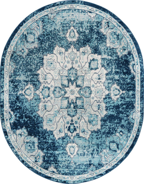 Navy Blue 7' 10 x 10' Parker Oval Area Rug Traditional Motif Classic Design Stain Resistant Carpet for Living, Dining, Bedrooms, Kitchen, Office for Sale at Rug Engine
