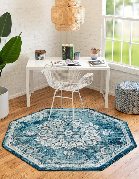 Navy Blue 7' 10 x 7' 10 Parker Octagon Area Rug Traditional Motif Classic Design Stain Resistant Carpet for Living, Dining, Bedrooms, Kitchen, Office for Sale at Rug Engine
