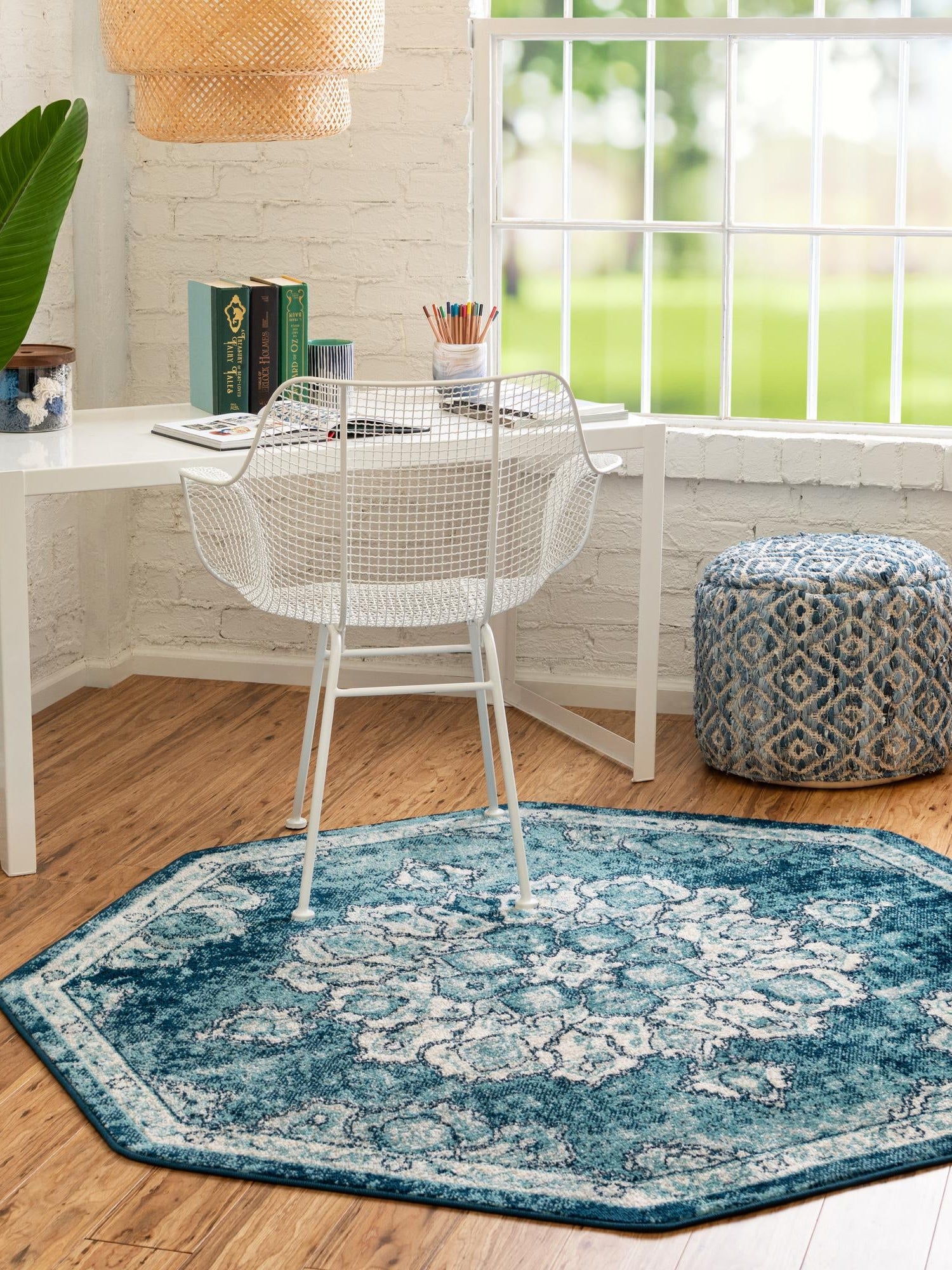 Navy Blue 7' 10 x 7' 10 Parker Octagon Area Rug Traditional Motif Classic Design Stain Resistant Carpet for Living, Dining, Bedrooms, Kitchen, Office for Sale at Rug Engine