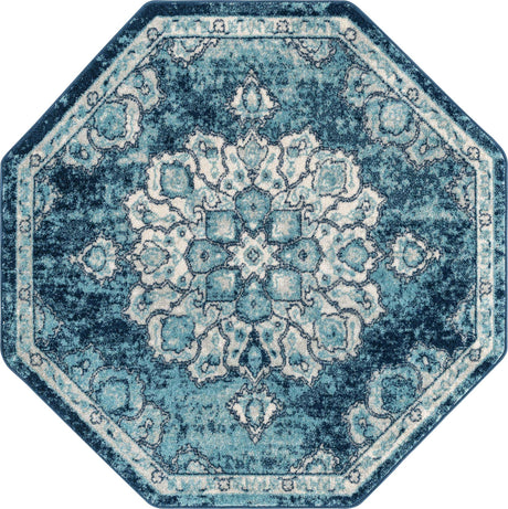 Navy Blue 5' x 5' Parker Octagon Area Rug Traditional Motif Classic Design Stain Resistant Carpet for Living, Dining, Bedrooms, Kitchen, Office for Sale at Rug Engine