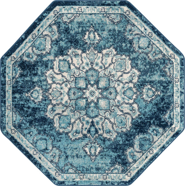 Navy Blue 5' x 5' Parker Octagon Area Rug Traditional Motif Classic Design Stain Resistant Carpet for Living, Dining, Bedrooms, Kitchen, Office for Sale at Rug Engine