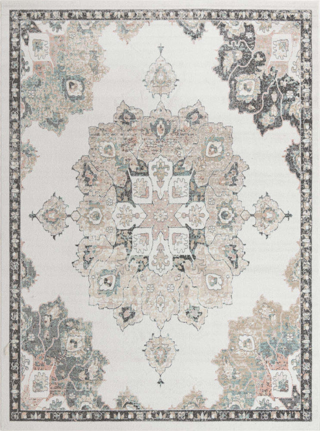 Ivory 9' x 12' Parker Rectangle Area Rug Traditional Motif Classic Design Stain Resistant Carpet for Living, Dining, Bedrooms, Kitchen, Office for Sale at Rug Engine