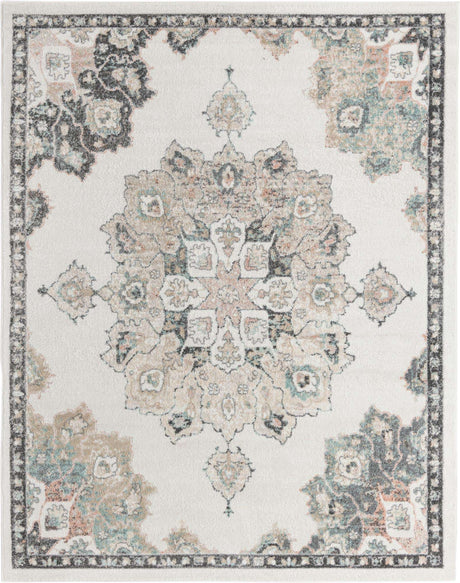 Ivory 7' 10 x 10' Parker Rectangle Area Rug Traditional Motif Classic Design Stain Resistant Carpet for Living, Dining, Bedrooms, Kitchen, Office for Sale at Rug Engine