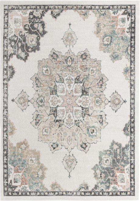 Ivory 7' x 10' Parker Rectangle Area Rug Traditional Motif Classic Design Stain Resistant Carpet for Living, Dining, Bedrooms, Kitchen, Office for Sale at Rug Engine