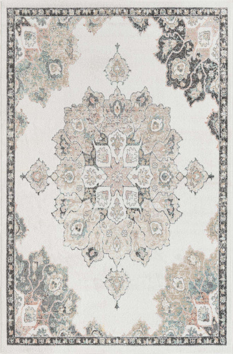 Ivory 6' x 9' Parker Rectangle Area Rug Traditional Motif Classic Design Stain Resistant Carpet for Living, Dining, Bedrooms, Kitchen, Office for Sale at Rug Engine