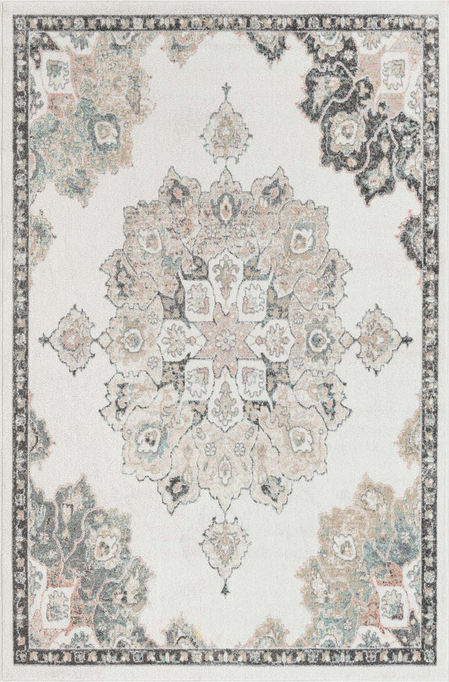 Ivory 6' x 9' Parker Rectangle Area Rug Traditional Motif Classic Design Stain Resistant Carpet for Living, Dining, Bedrooms, Kitchen, Office for Sale at Rug Engine
