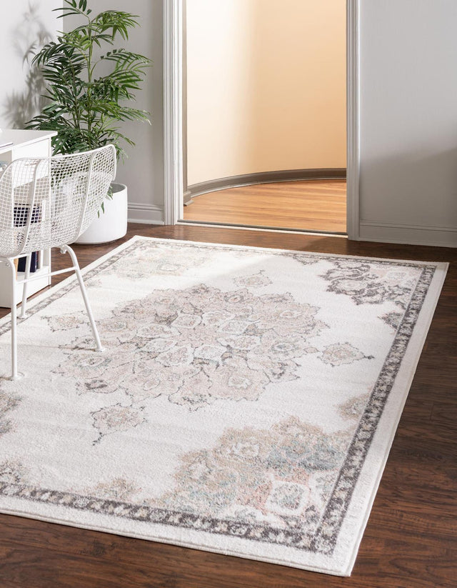 Ivory 3' 3 x 5' 3 Parker Rectangle Area Rug Traditional Motif Classic Design Stain Resistant Carpet for Living, Dining, Bedrooms, Kitchen, Office for Sale at Rug Engine