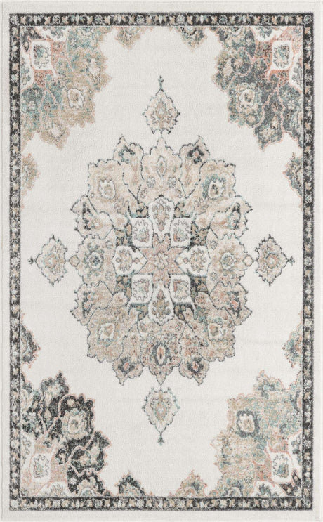 Ivory 5' x 8' Parker Rectangle Area Rug Traditional Motif Classic Design Stain Resistant Carpet for Living, Dining, Bedrooms, Kitchen, Office for Sale at Rug Engine