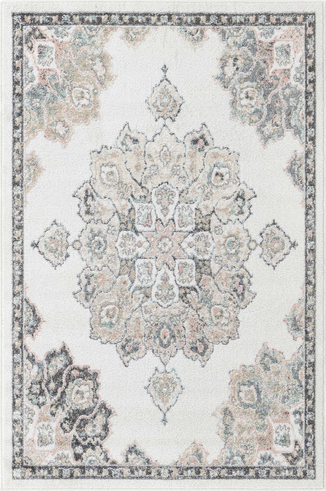Ivory 4' x 6' Parker Rectangle Area Rug Traditional Motif Classic Design Stain Resistant Carpet for Living, Dining, Bedrooms, Kitchen, Office for Sale at Rug Engine