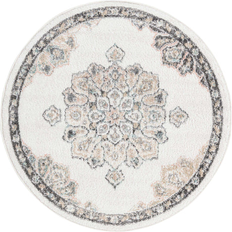 Ivory 3' 3 x 3' 3 Parker Round Area Rug Traditional Motif Classic Design Stain Resistant Carpet for Living, Dining, Bedrooms, Kitchen, Office for Sale at Rug Engine