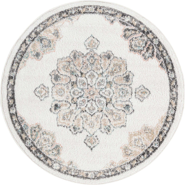 Ivory 3' 3 x 3' 3 Parker Round Area Rug Traditional Motif Classic Design Stain Resistant Carpet for Living, Dining, Bedrooms, Kitchen, Office for Sale at Rug Engine