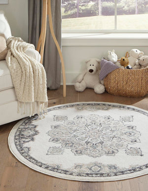 Ivory 3' 3 x 3' 3 Parker Round Area Rug Traditional Motif Classic Design Stain Resistant Carpet for Living, Dining, Bedrooms, Kitchen, Office for Sale at Rug Engine