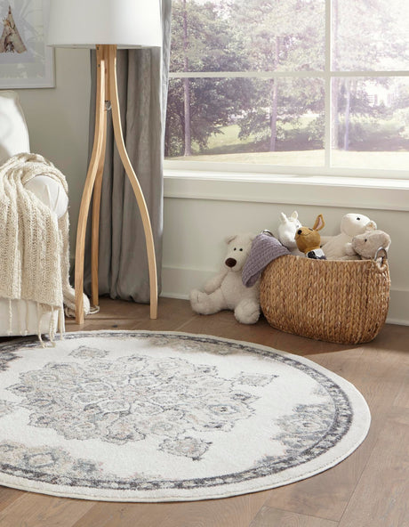 Ivory 7' 10 x 7' 10 Parker Round Area Rug Traditional Motif Classic Design Stain Resistant Carpet for Living, Dining, Bedrooms, Kitchen, Office for Sale at Rug Engine