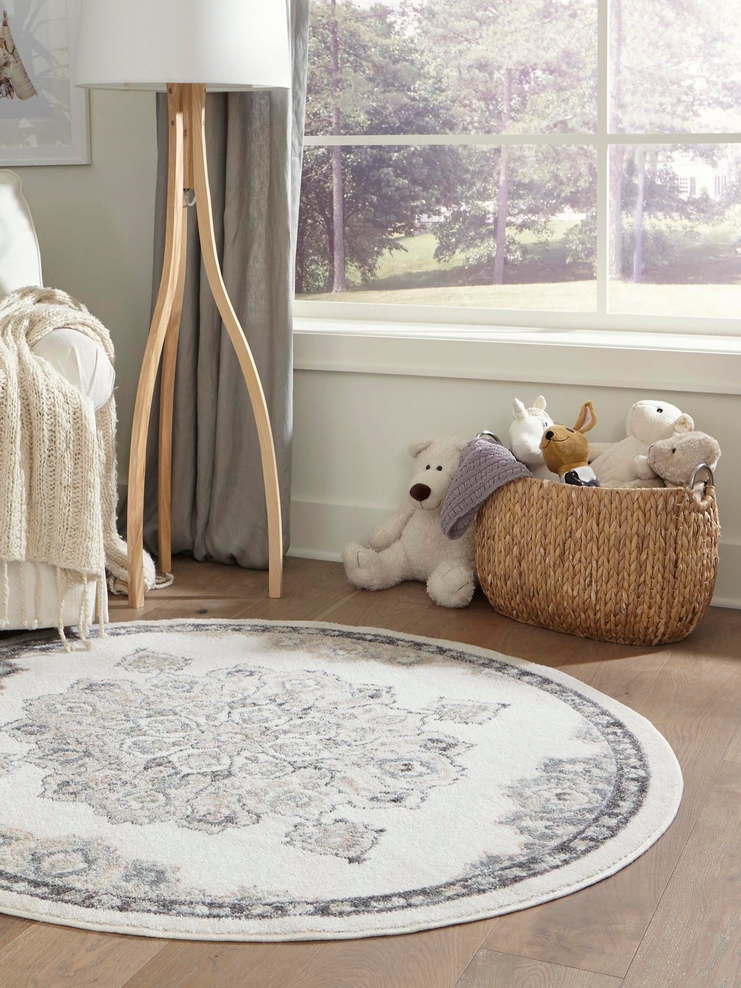 Ivory 5' x 5' Parker Round Area Rug Traditional Motif Classic Design Stain Resistant Carpet for Living, Dining, Bedrooms, Kitchen, Office for Sale at Rug Engine