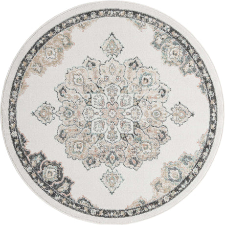 Ivory 5' x 5' Parker Round Area Rug Traditional Motif Classic Design Stain Resistant Carpet for Living, Dining, Bedrooms, Kitchen, Office for Sale at Rug Engine