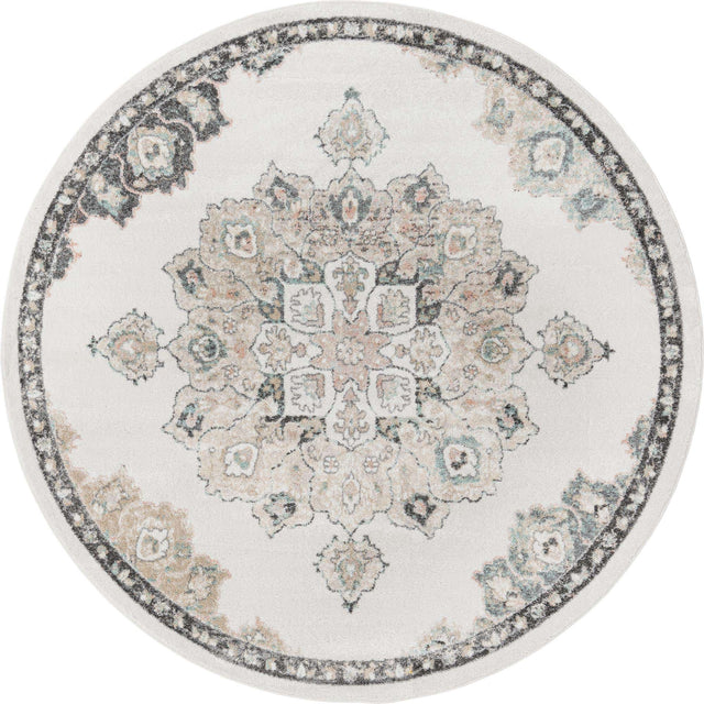 Ivory 7' 10 x 7' 10 Parker Round Area Rug Traditional Motif Classic Design Stain Resistant Carpet for Living, Dining, Bedrooms, Kitchen, Office for Sale at Rug Engine