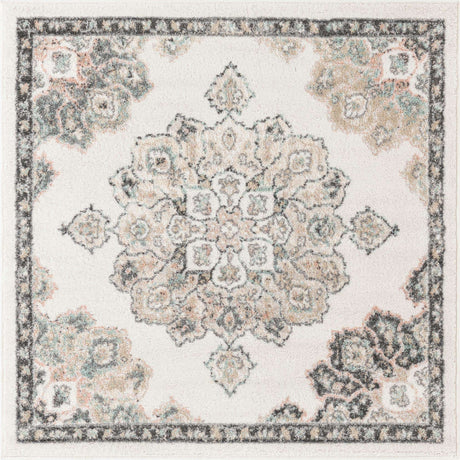 Ivory 4' x 4' Parker Square Area Rug Traditional Motif Classic Design Stain Resistant Carpet for Living, Dining, Bedrooms, Kitchen, Office for Sale at Rug Engine