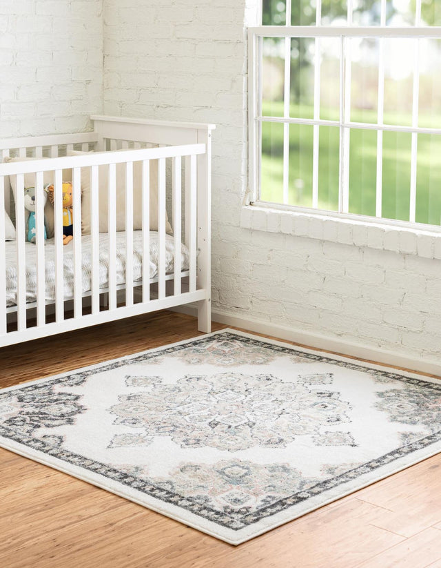 Ivory 5' x 5' Parker Square Area Rug Traditional Motif Classic Design Stain Resistant Carpet for Living, Dining, Bedrooms, Kitchen, Office for Sale at Rug Engine