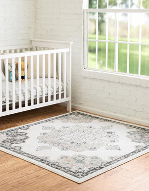Ivory 7' 10 x 7' 10 Parker Square Area Rug Traditional Motif Classic Design Stain Resistant Carpet for Living, Dining, Bedrooms, Kitchen, Office for Sale at Rug Engine